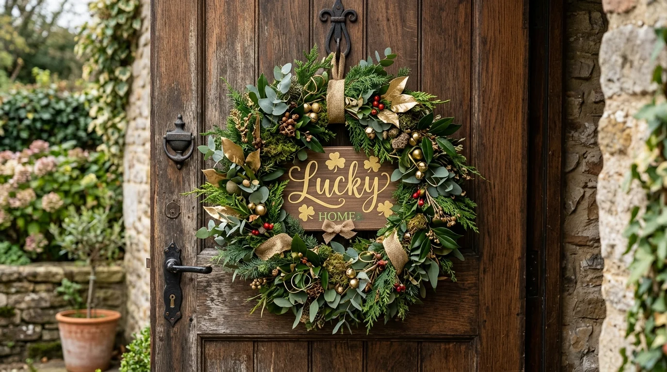 A wreath with a lucky sign centerpiece surrounded by greenery and gold accents mounted on a door soft natural light charming seasonal decor no people