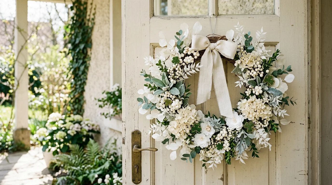 A white themed wreath with soft green accents and subtle shamrock decorations bright daylight elegant understated holiday style no people