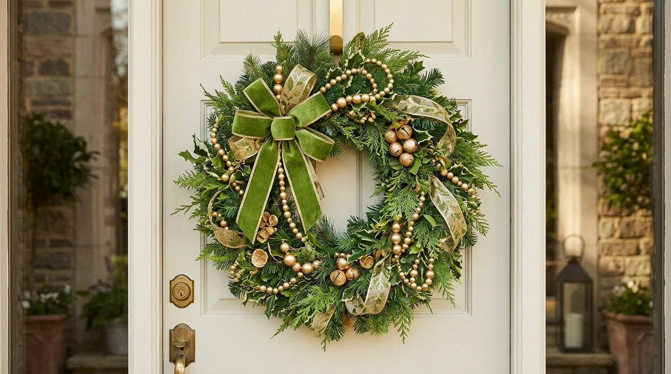 A wreath featuring a mix of greenery beads and ribbons in green and gold tones bright lighting cheerful festive entrance no people