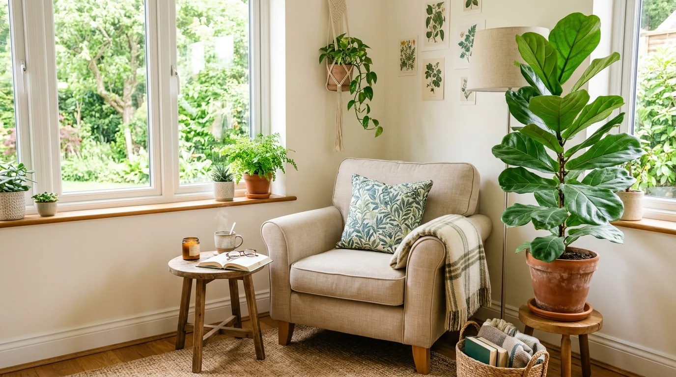 A cozy corner with a large potted plant beside an armchair and a small table bright natural light relaxing green retreat no people