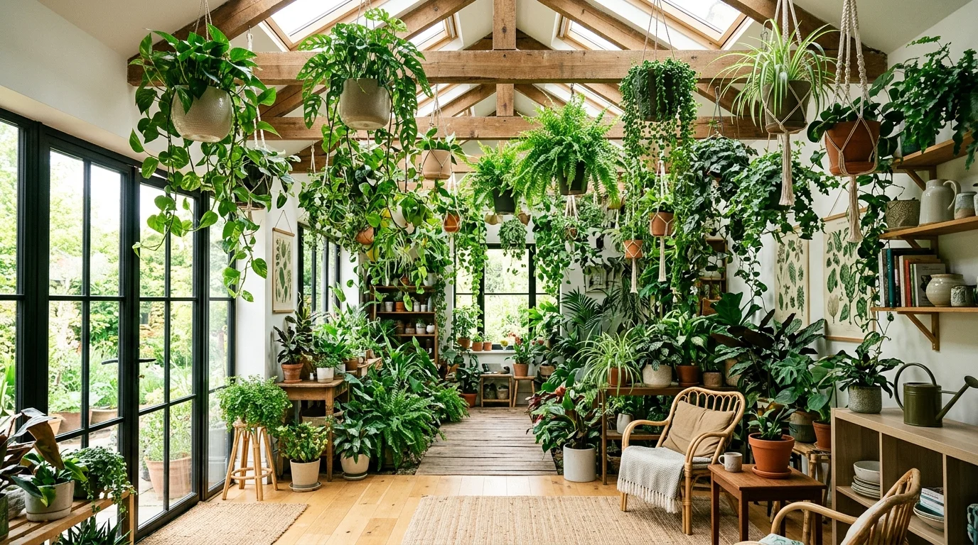 A room with hanging plants cascading from the ceiling bright lighting fresh vibrant indoor garden feel no people