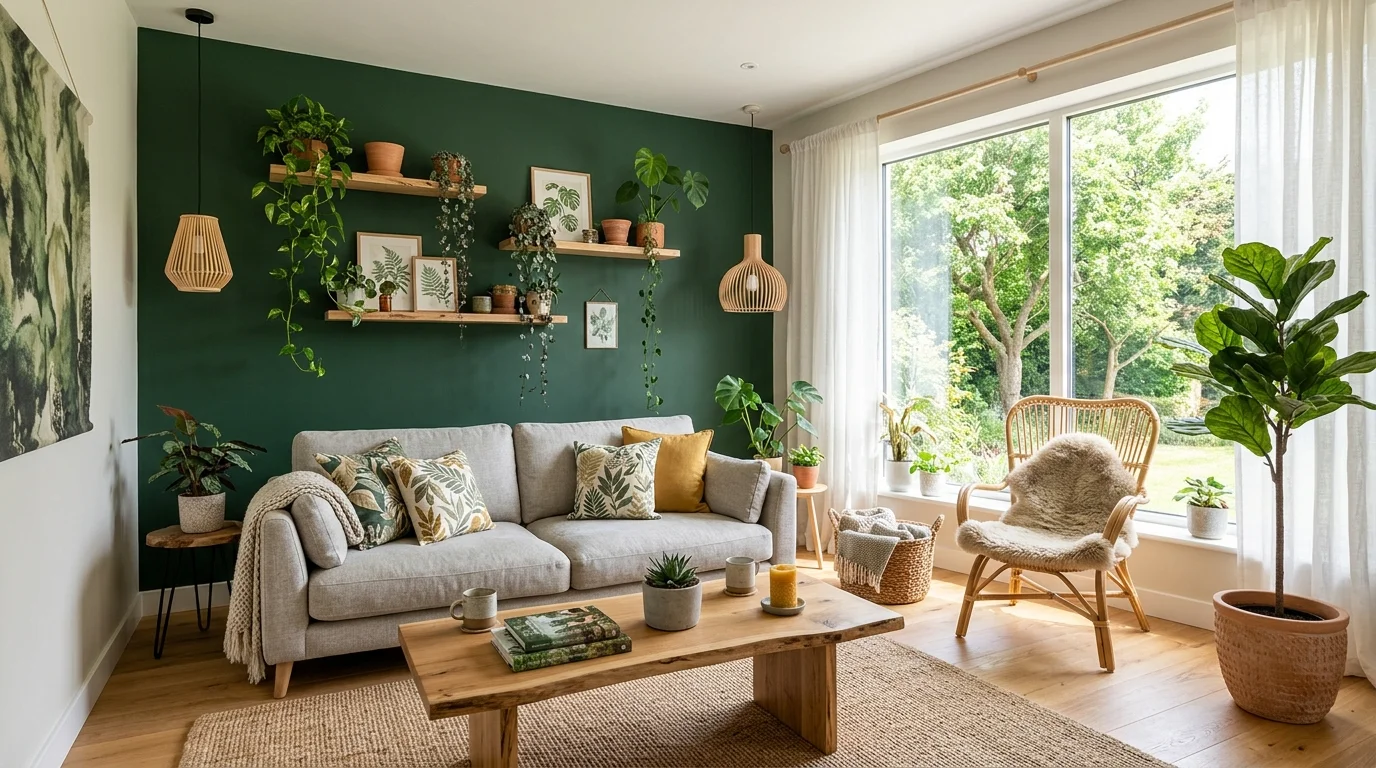 A living space with a green accent wall paired with plants and natural decor bright natural daylight bold nature inspired design no people