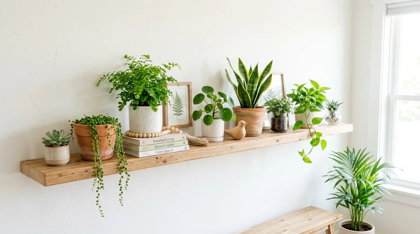 A shelf decorated with small potted plants and greenery bright lighting simple refreshing decor idea no people