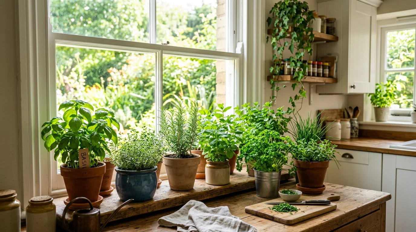 A kitchen with herbs growing on a windowsill bright natural light practical and lush green styling no people
