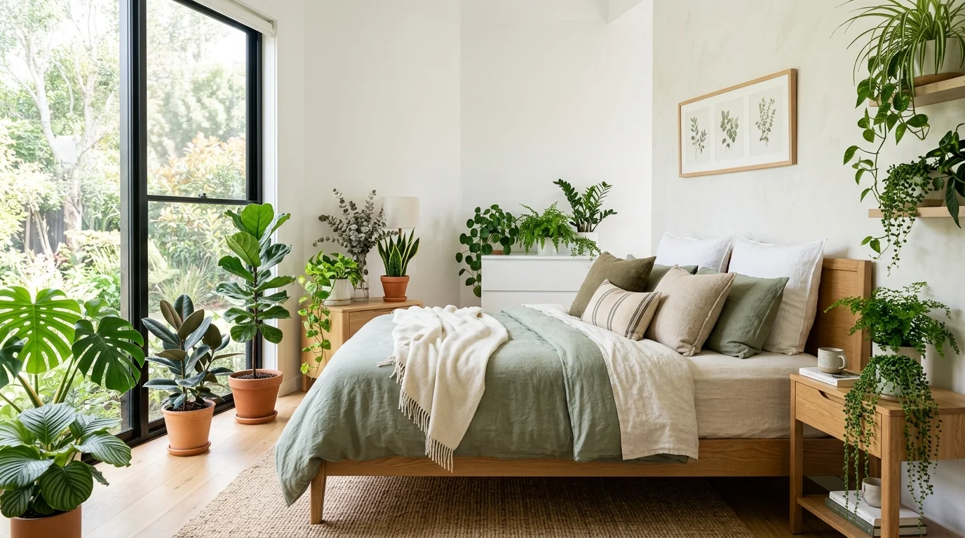 A bedroom with plants placed near the bed creating a calming environment bright natural daylight serene green space no people