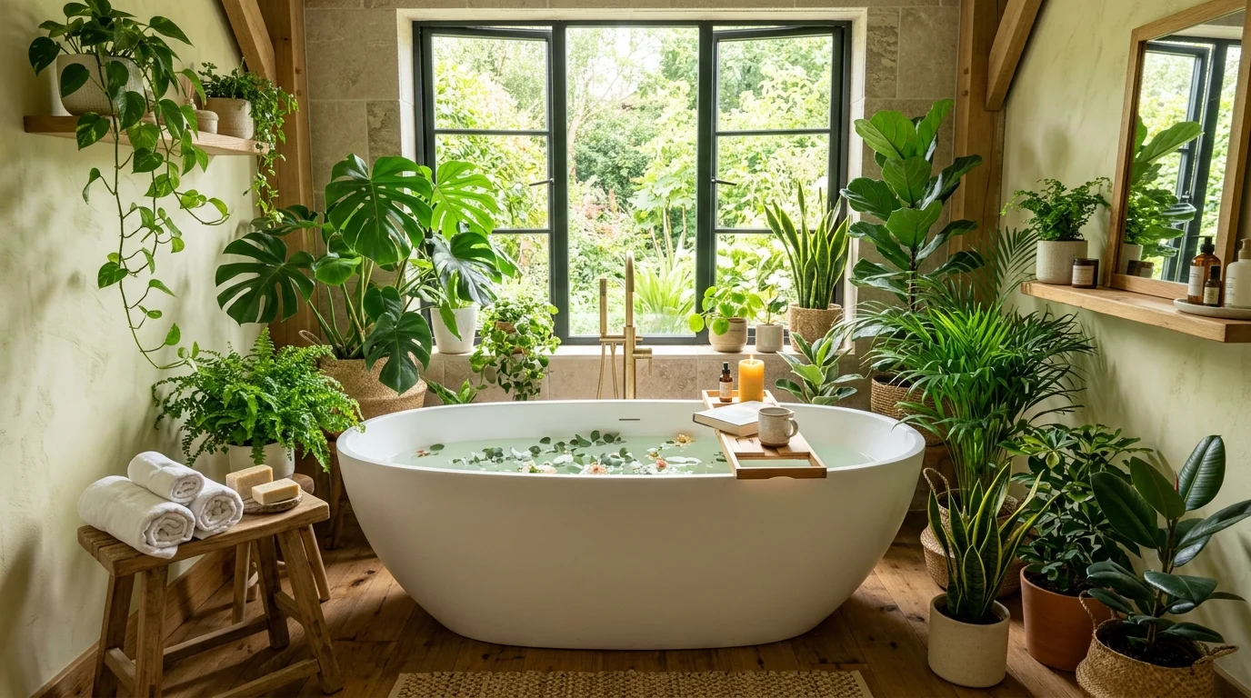 A bathroom with plants placed around a tub bright lighting spa like nature inspired atmosphere no people