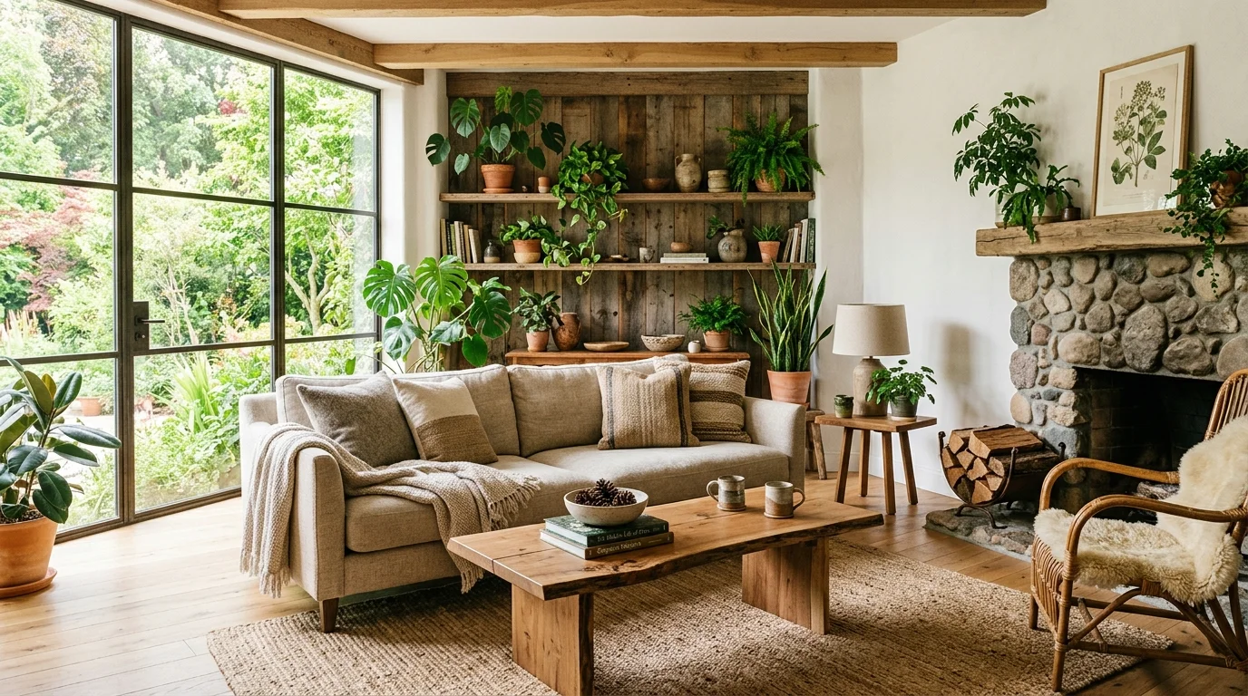 A living room with a mix of natural textures including wood and greenery bright natural light balanced organic design no people