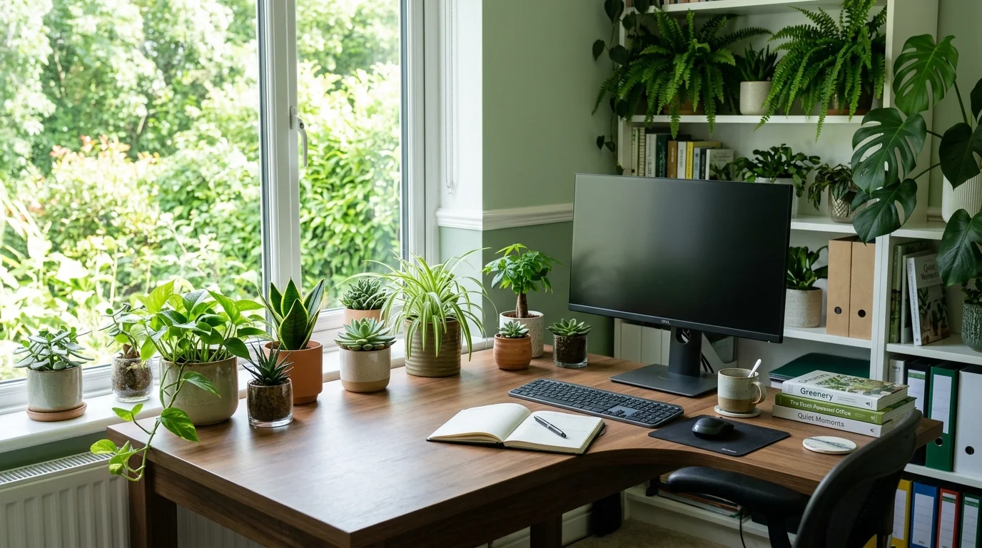 A workspace with small desk plants adding freshness bright lighting productive green environment no people