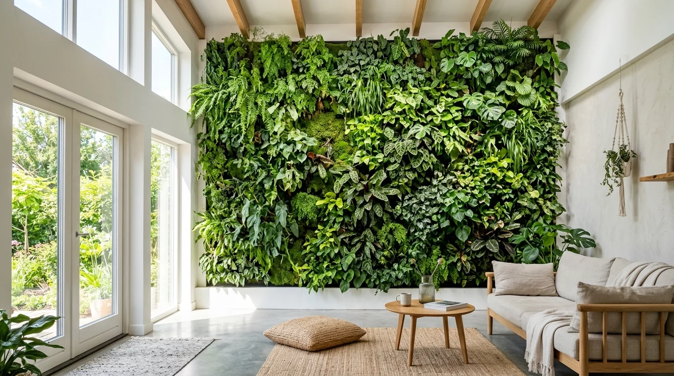 A room with a vertical garden wall filled with greenery bright natural daylight bold lush statement feature no people