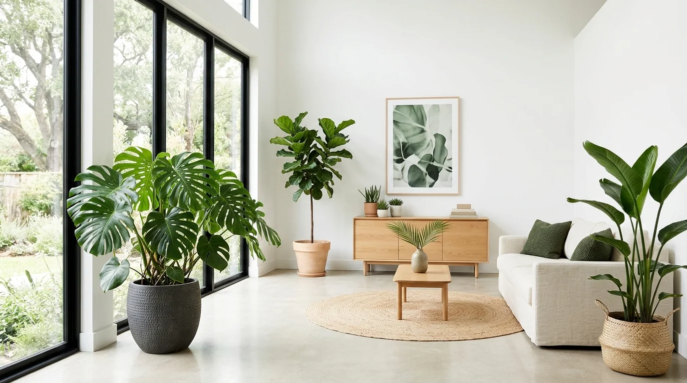 A space with large leafy plants placed in corners bright lighting simple impactful green decor no people