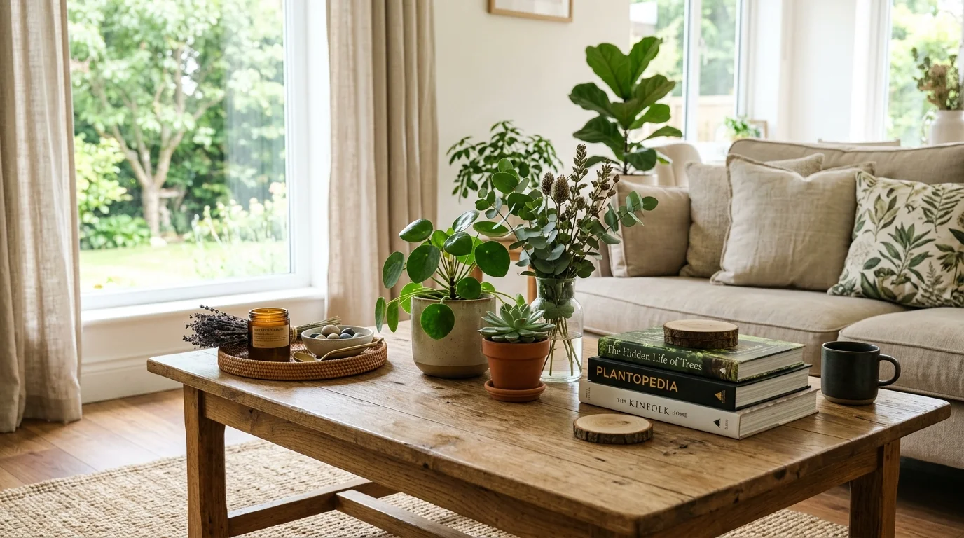 A coffee table styled with small plants and natural decor bright natural light subtle nature inspired touch no people