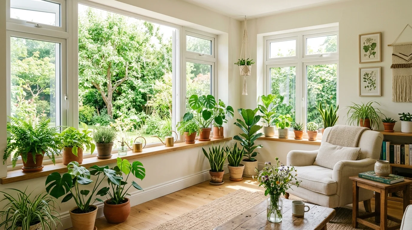 A bright room with greenery placed near windows allowing sunlight to enhance plant vibrancy natural daylight fresh airy atmosphere no people