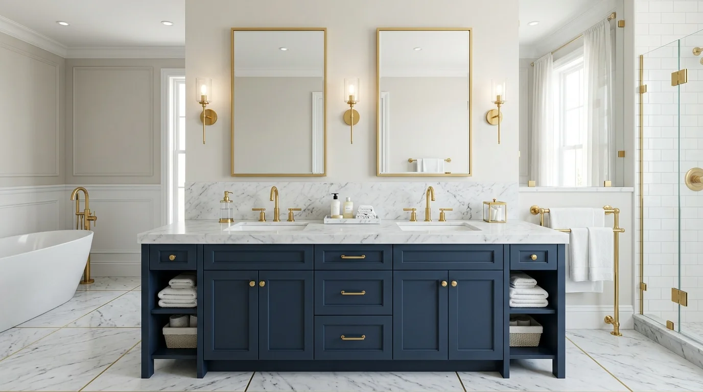 A bathroom with a double vanity featuring marble countertops gold fixtures and large mirrors bright diffused lighting elegant upscale design no people