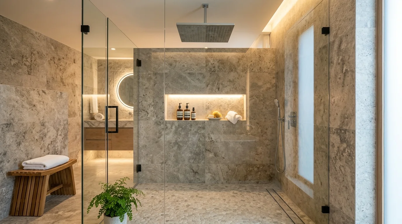 A walk in glass shower with rainfall showerhead and stone walls soft lighting creating a spa like luxury experience no people