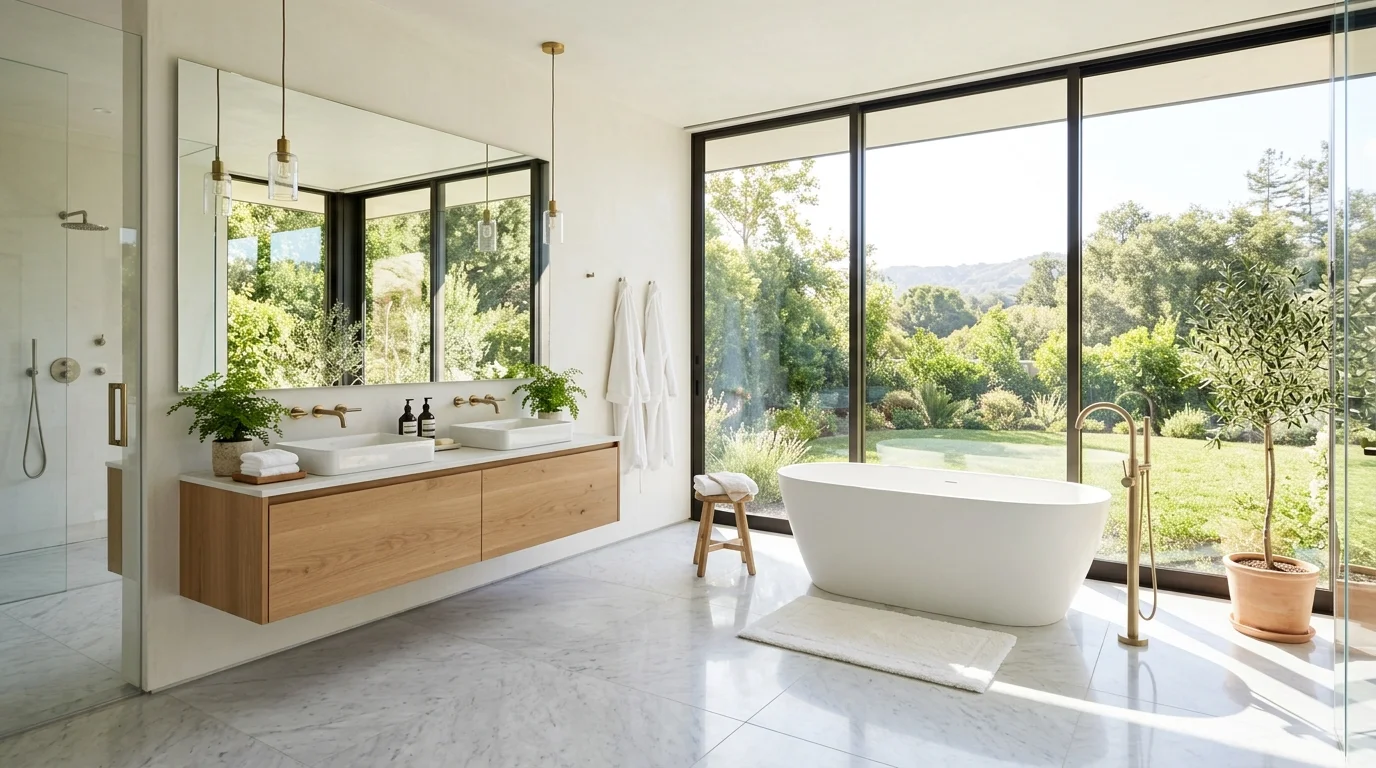 A bathroom with floor to ceiling windows allowing natural light to flood the space paired with minimal decor bright airy five star feel no people
