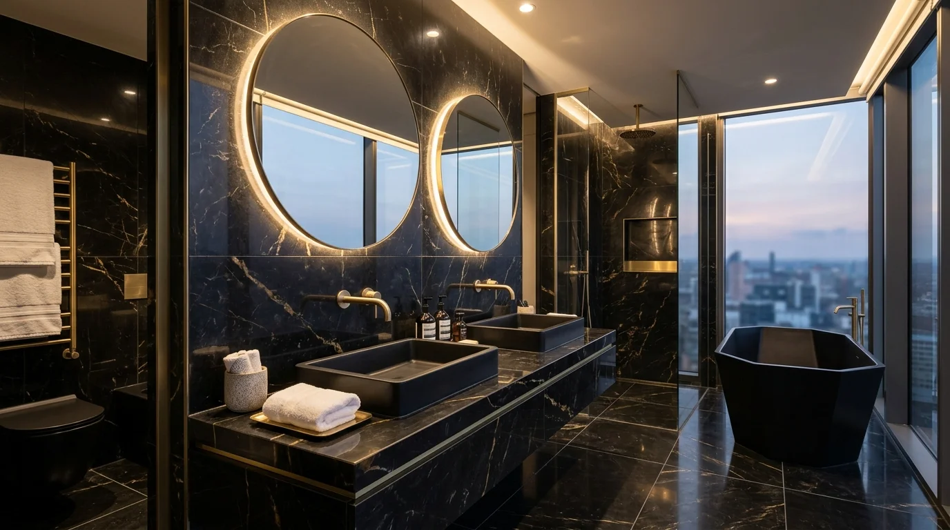 A sleek modern bathroom with black marble surfaces and metallic accents soft ambient lighting sophisticated hotel style no people
