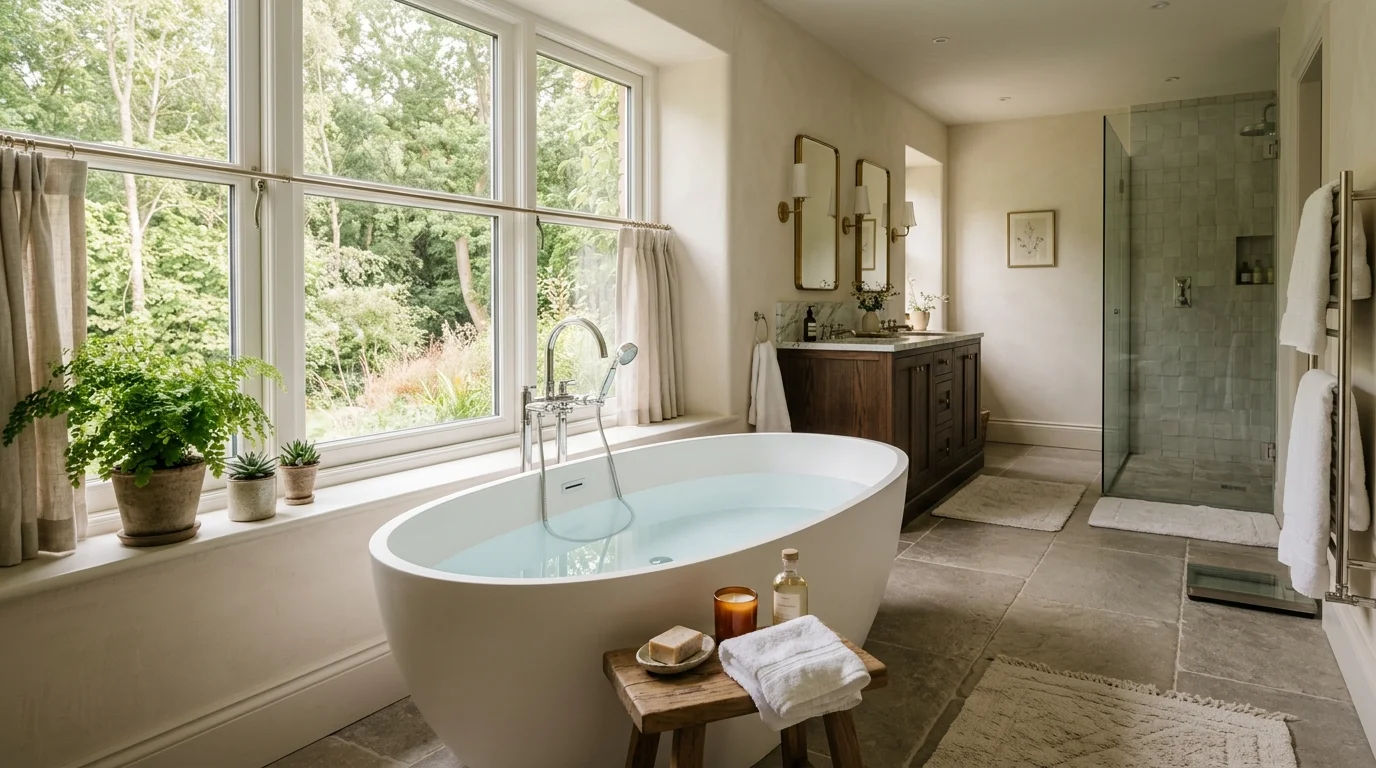 A bathroom with a large soaking tub placed near a window with a view soft natural light serene luxurious atmosphere no people