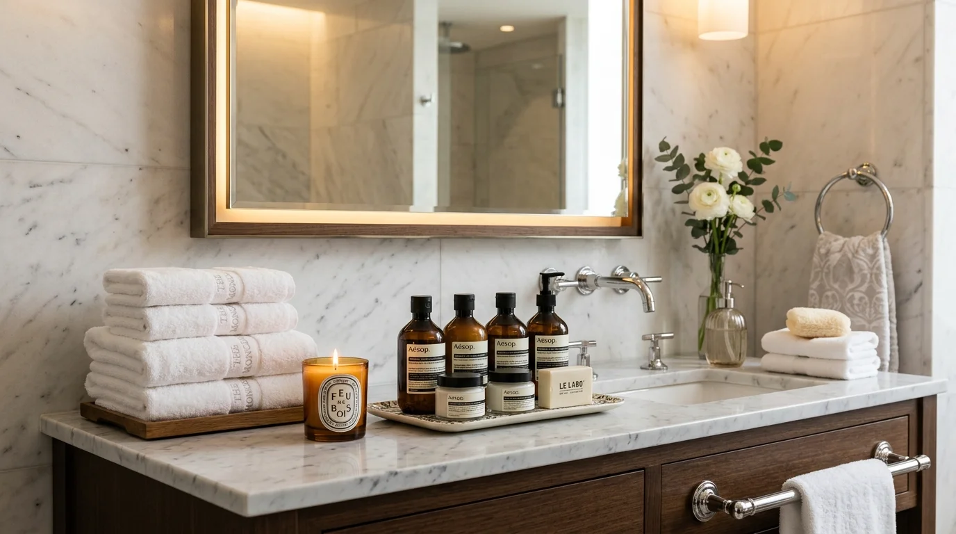 A vanity area with neatly arranged luxury toiletries candles and plush towels soft lighting refined hotel inspired styling no people