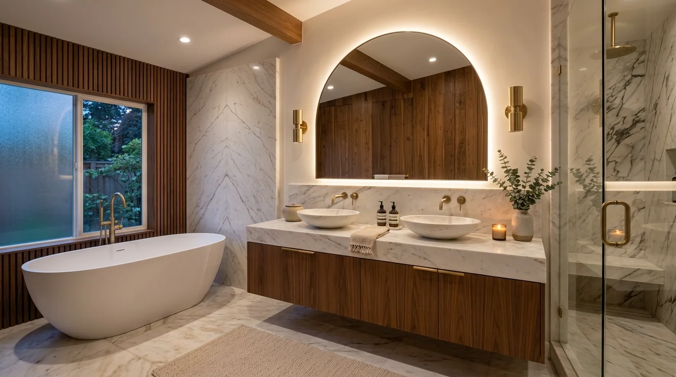 A bathroom with warm wood accents paired with marble surfaces and soft lighting creating a balanced luxurious design no people