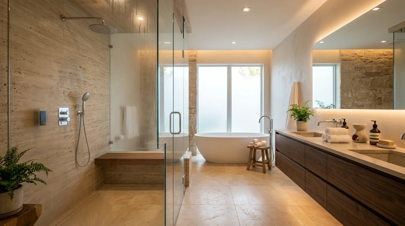 A spa like bathroom with a steam shower glass enclosure and subtle lighting calming high end experience no people