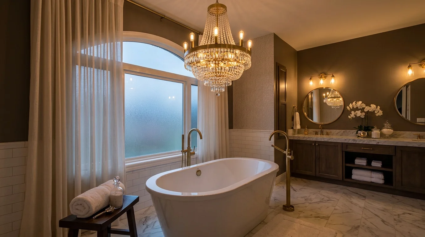 A bathroom with a statement chandelier above a bathtub creating a dramatic focal point warm lighting glamorous luxury decor no people