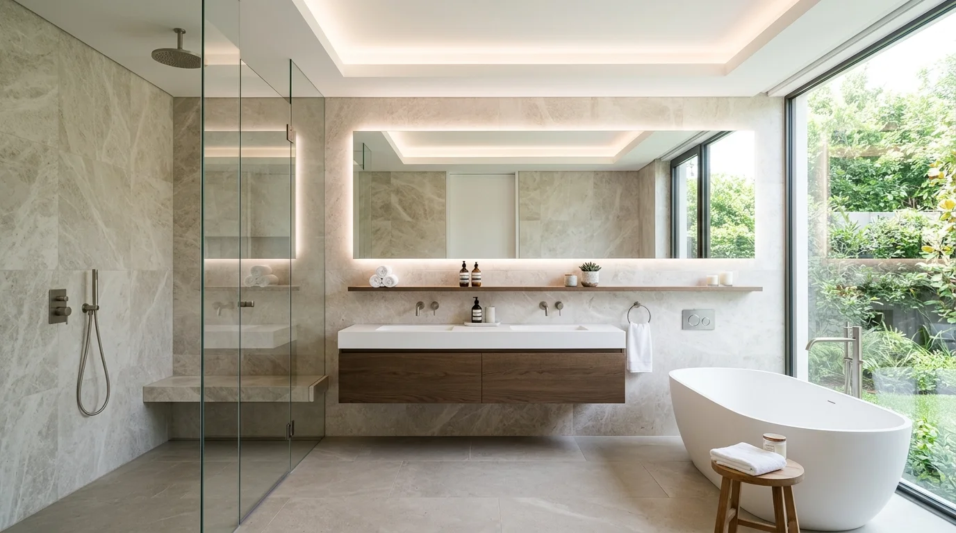 A minimalist luxury bathroom with clean lines neutral tones and high quality materials bright lighting refined modern elegance no people