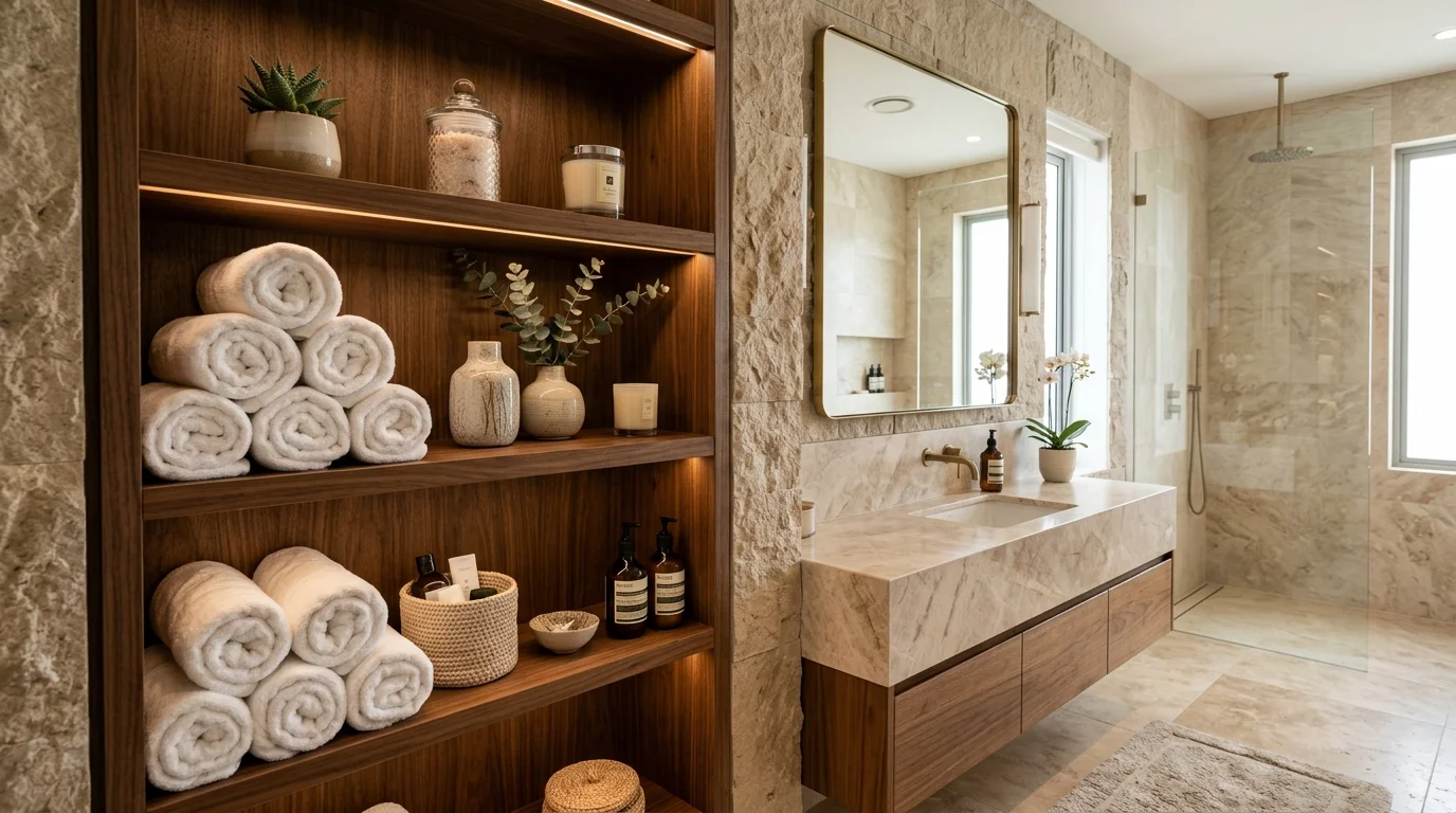 A bathroom with built in shelving displaying rolled towels candles and decor items soft lighting organized upscale look no people