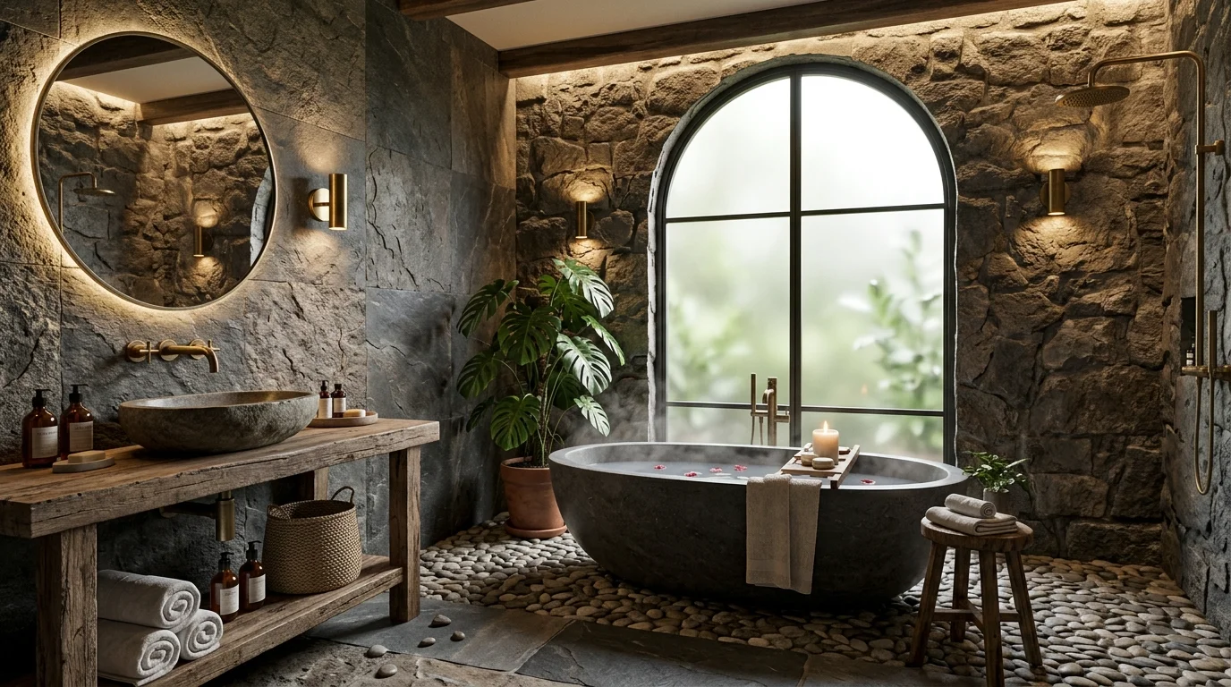 A bathroom with textured stone walls and soft lighting creating a natural spa inspired luxury environment no people