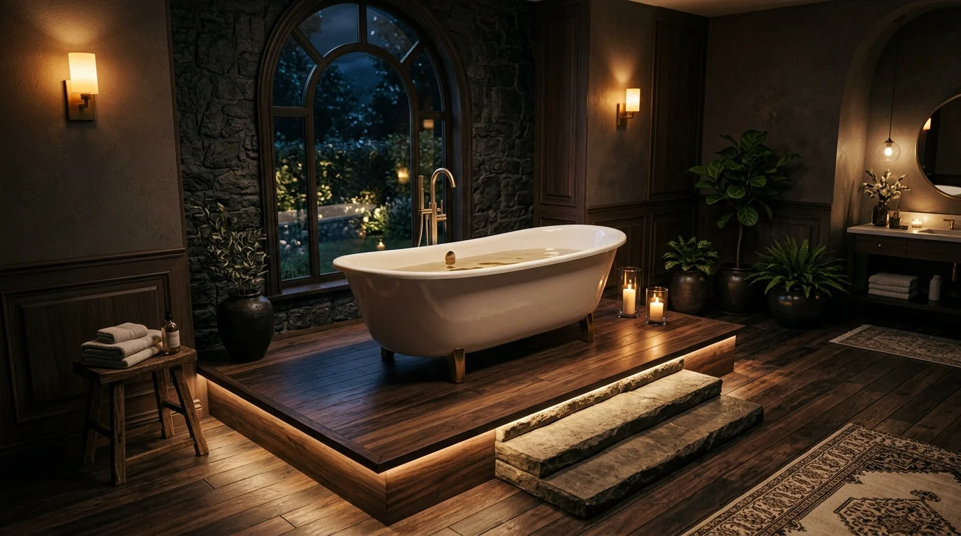 A bathroom with a freestanding tub on a raised platform with soft lighting dramatic elegant presentation no people