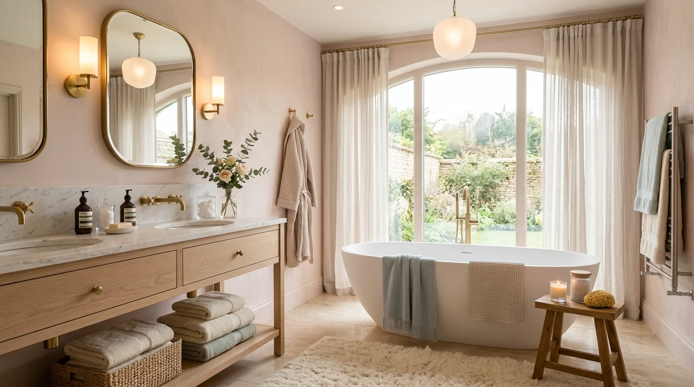 A serene bathroom with soft pastel tones plush textiles and gentle lighting creating a calming five star retreat no people