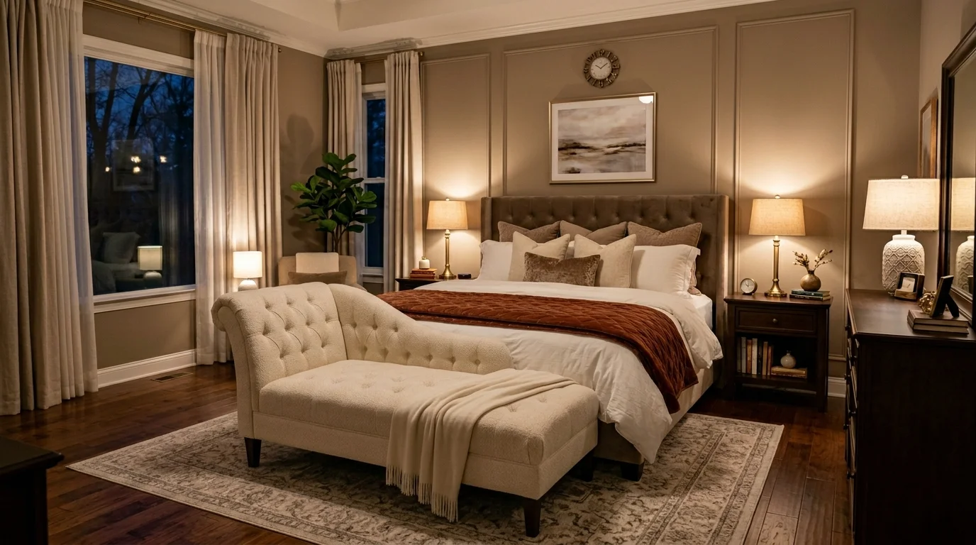 A bedroom with a plush bed and a chaise lounge placed at the foot of the bed warm ambient lighting elegant relaxing space no people