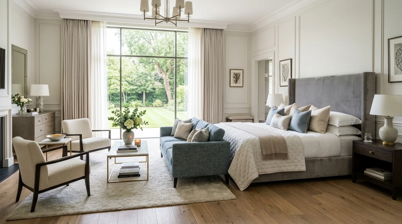 A spacious bedroom with a sofa and coffee table arranged as a sitting area beside the bed bright natural daylight refined luxury design no people