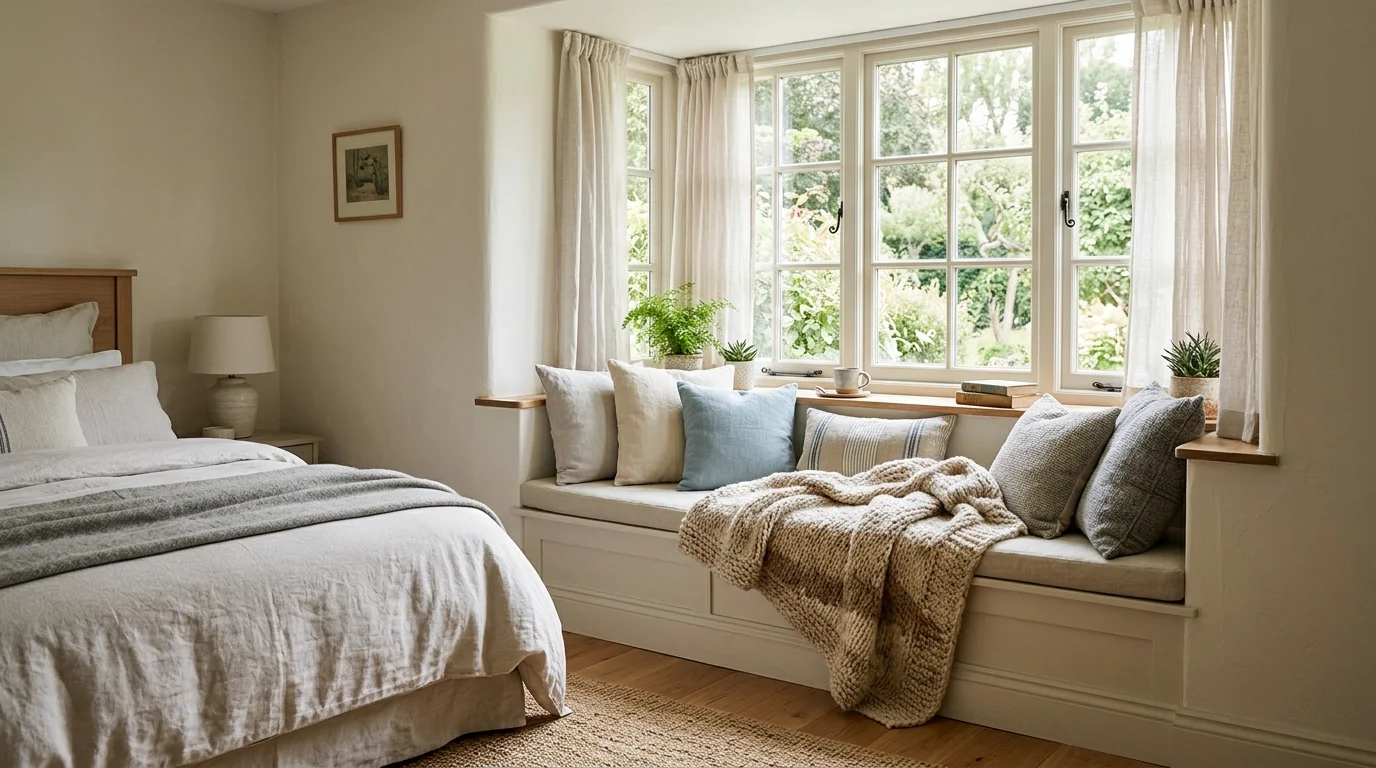 A bedroom with a window nook seating area with cushions and a throw blanket soft natural lighting peaceful retreat corner no people