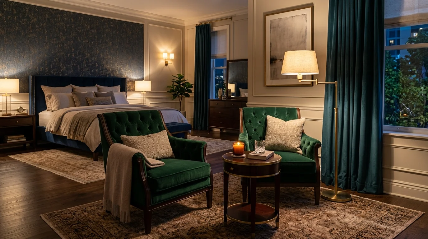 A luxurious bedroom with velvet armchairs a side table and a floor lamp creating a cozy lounge area soft lighting sophisticated ambiance no people