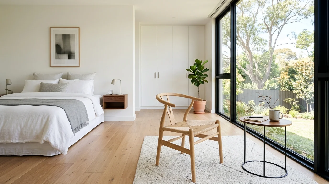 A modern bedroom with a minimalist sitting area featuring a sleek chair and small table bright natural light clean upscale design no people