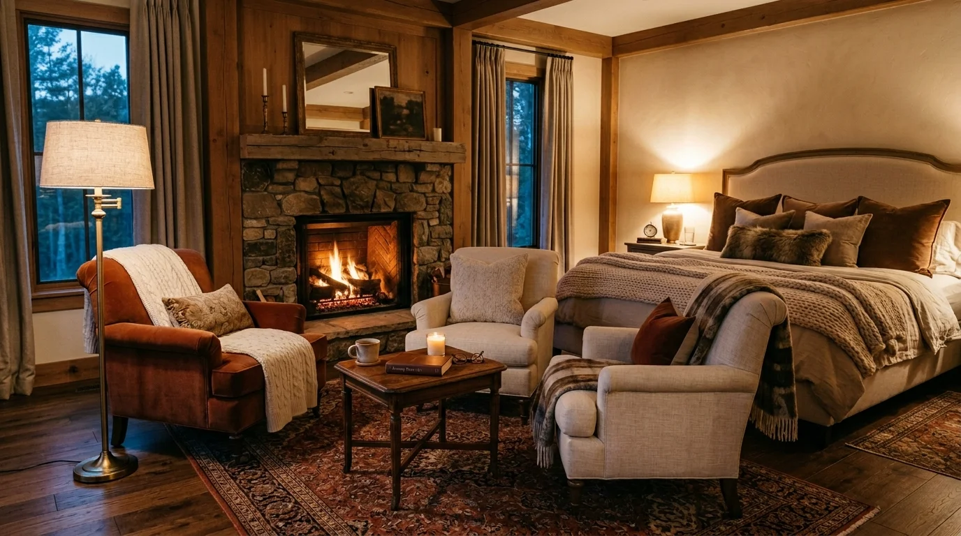 A bedroom with a fireplace and two chairs placed in front creating a warm intimate sitting area soft ambient lighting cozy luxury feel no people