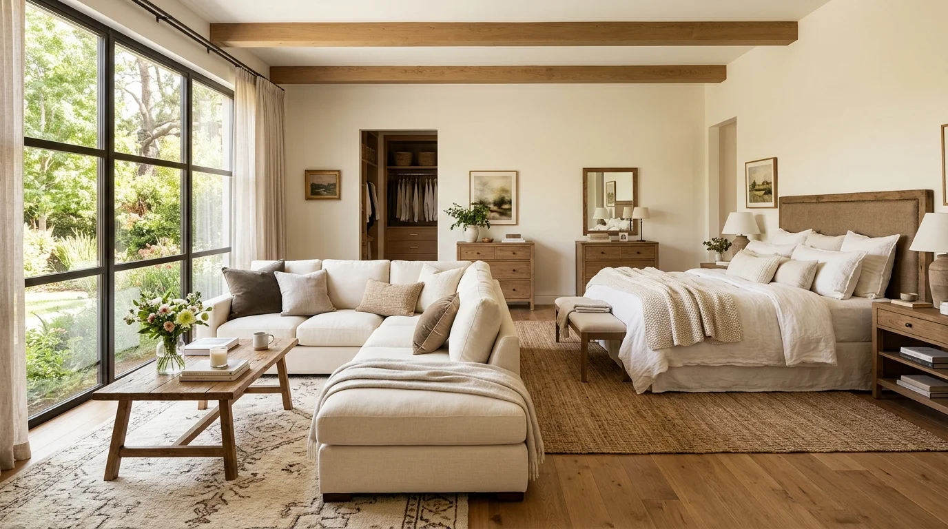 A large bedroom with a sectional sofa placed opposite the bed bright natural daylight comfortable lounge retreat no people