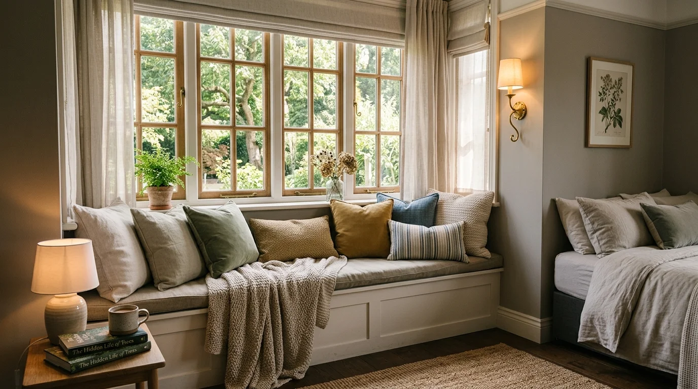 A bedroom with a bench seating area under a large window layered with cushions soft lighting relaxing stylish nook no people