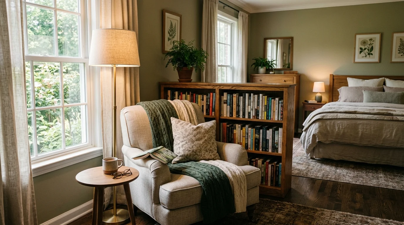 A bedroom with a reading corner featuring a comfortable armchair bookshelf and lamp warm lighting peaceful private retreat no people