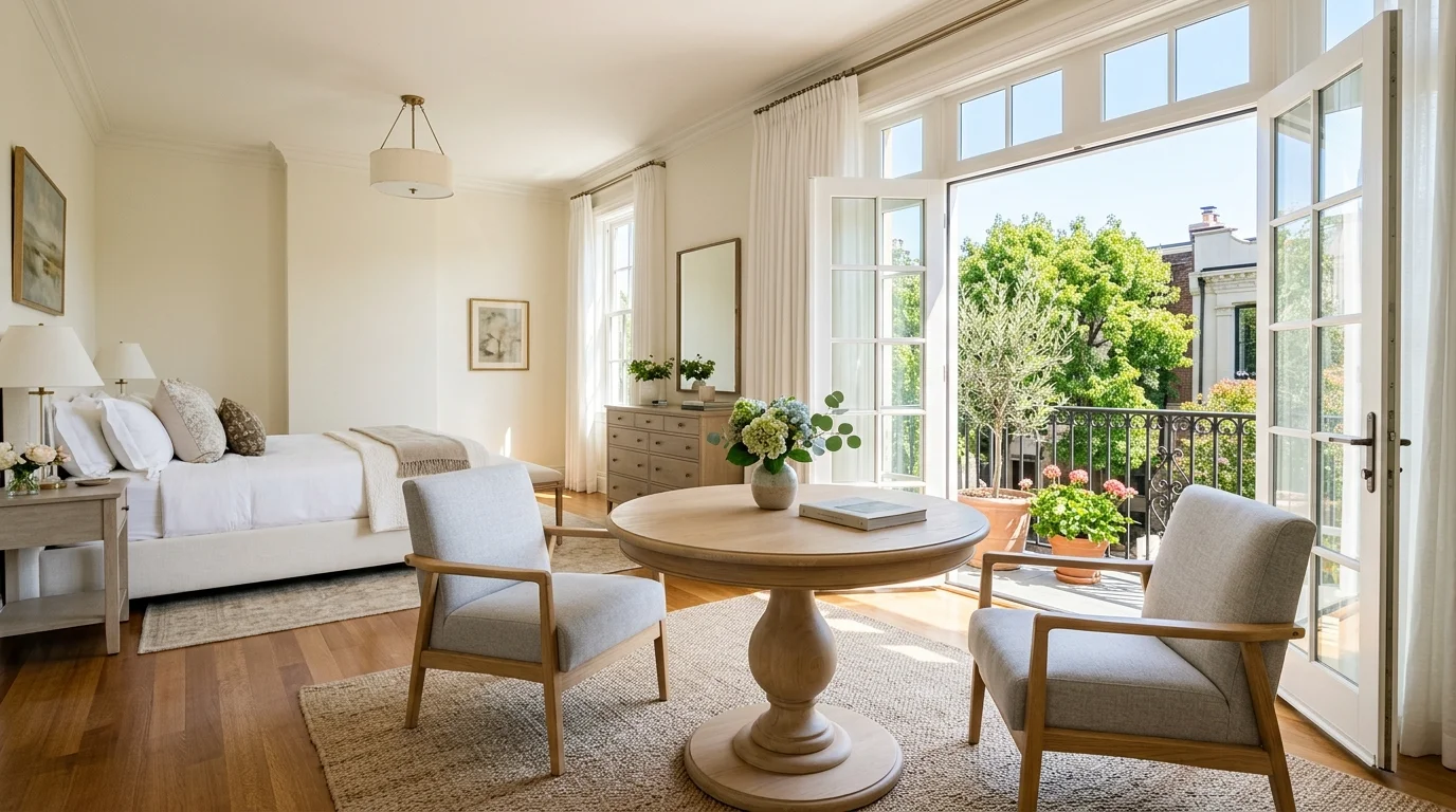 A bedroom with a sitting area featuring a round table and two chairs placed near a balcony bright natural light airy elegant design no people