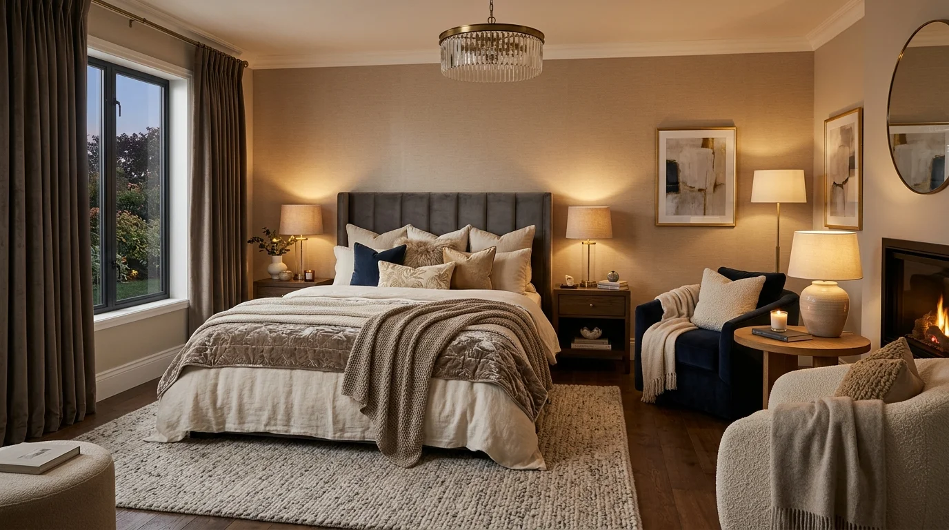 A luxurious bedroom with layered textures plush textiles and a soft seating area warm lighting inviting relaxing atmosphere no people