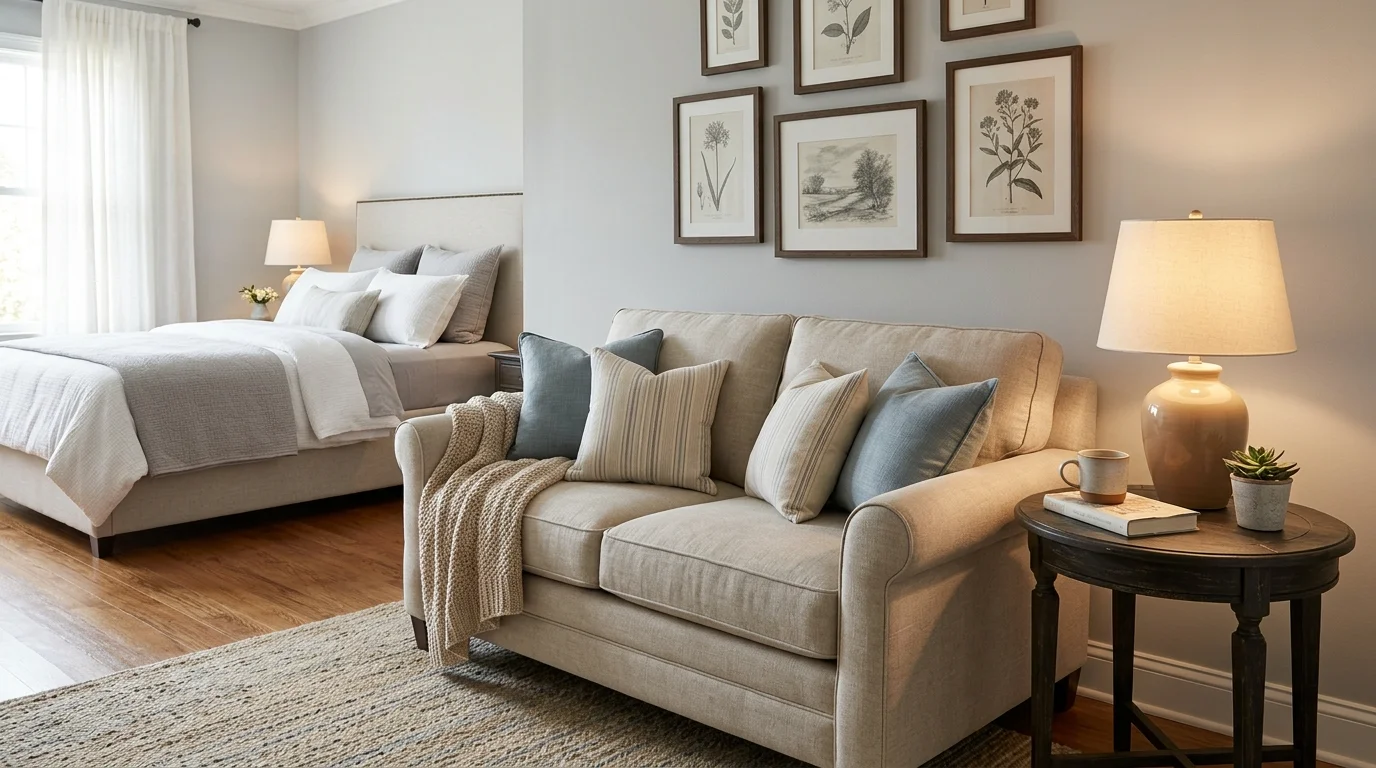 A bedroom with a cozy loveseat and side table paired with elegant decor soft lighting refined comfortable sitting space no people