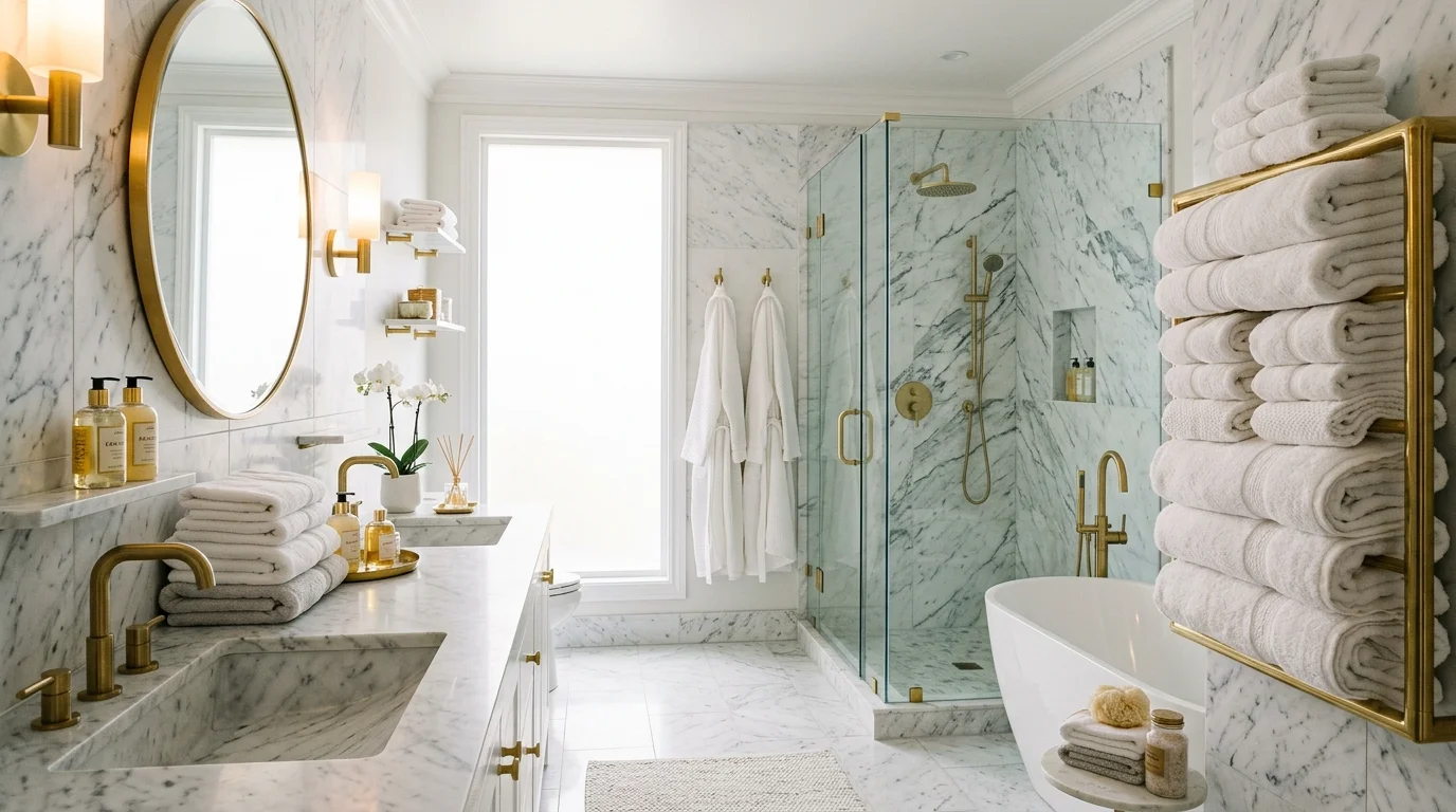 A bathroom with marble surfaces gold fixtures and neatly arranged towels bright diffused lighting elegant high end spa aesthetic no people