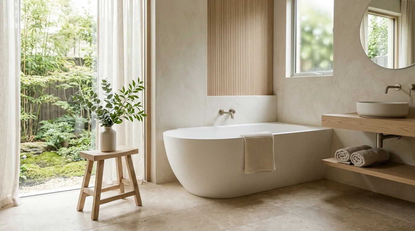 A minimalist spa bathroom with neutral tones a wooden stool and a simple vase with greenery soft natural light calm serene environment no people