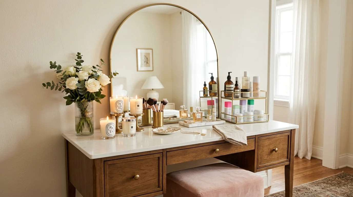 A vanity area with organized skincare products candles and a large mirror bright soft lighting luxurious daily routine space no people