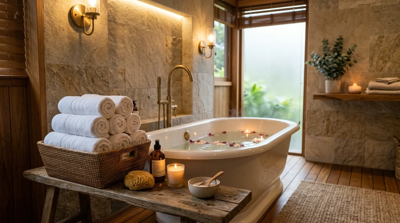 A spa inspired bathroom with rolled towels stacked neatly in a basket beside a tub warm ambient lighting cozy relaxation vibe no people