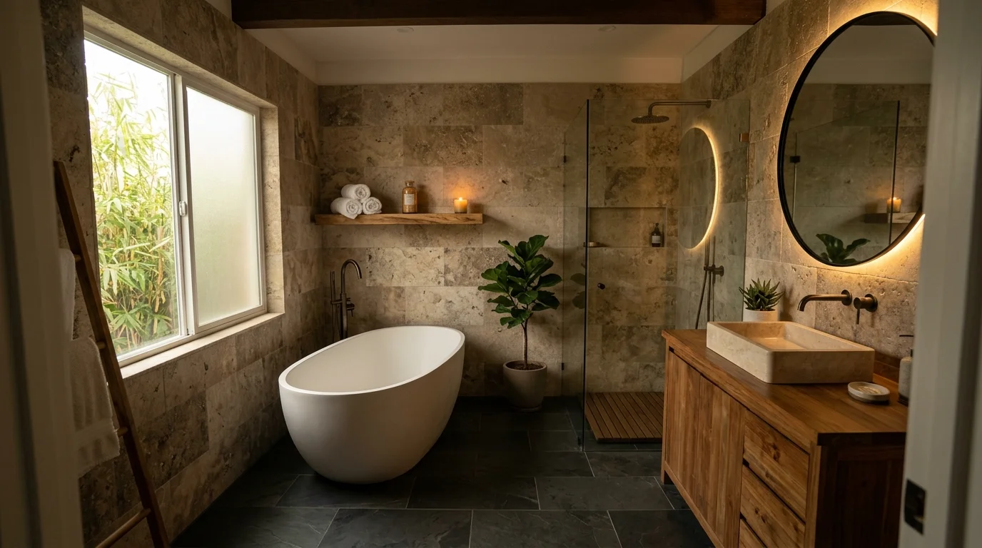 A bathroom with natural stone walls and wood accents paired with soft lighting earthy tranquil spa feel no people