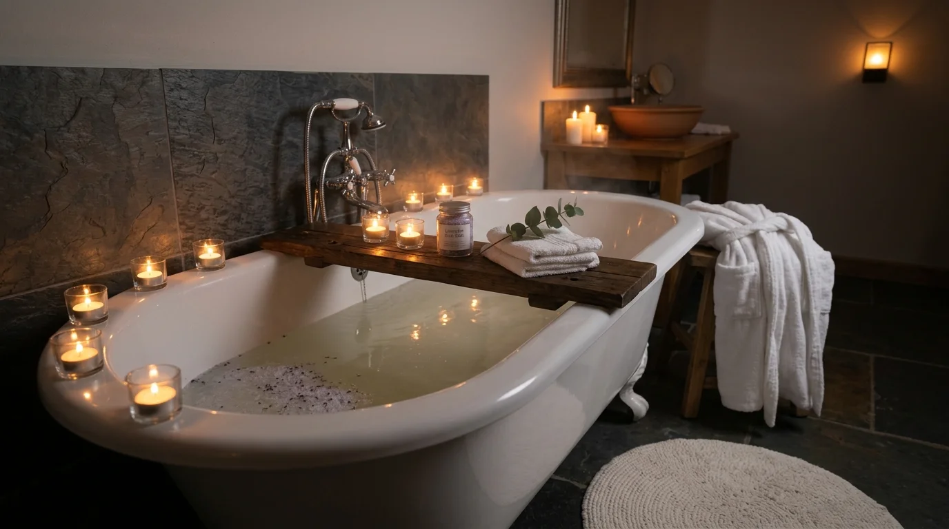 A bathroom with dim lighting candles and a bathtub filled with bath salts creating a soothing atmosphere relaxing spa experience no people