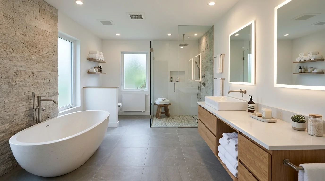 A modern bathroom with clean lines sleek fixtures and neutral decor bright lighting sophisticated spa style no people