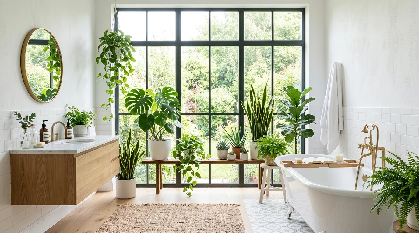 A bathroom with a large window letting in natural light and indoor plants placed around bright daylight refreshing calming setting no people